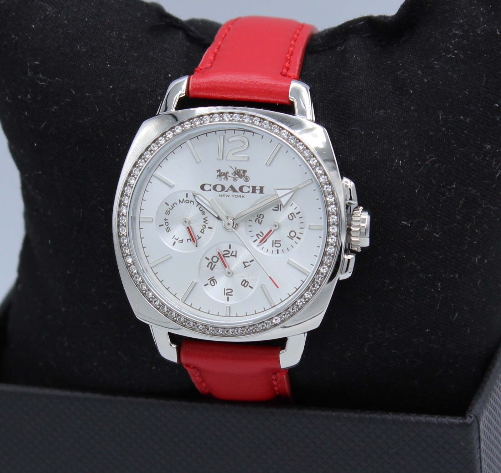NEW AUTHENTIC COACH BOYFRIEND SILVER RED LEATHER CRYSTALS WOMEN’S 14502171 WATCH