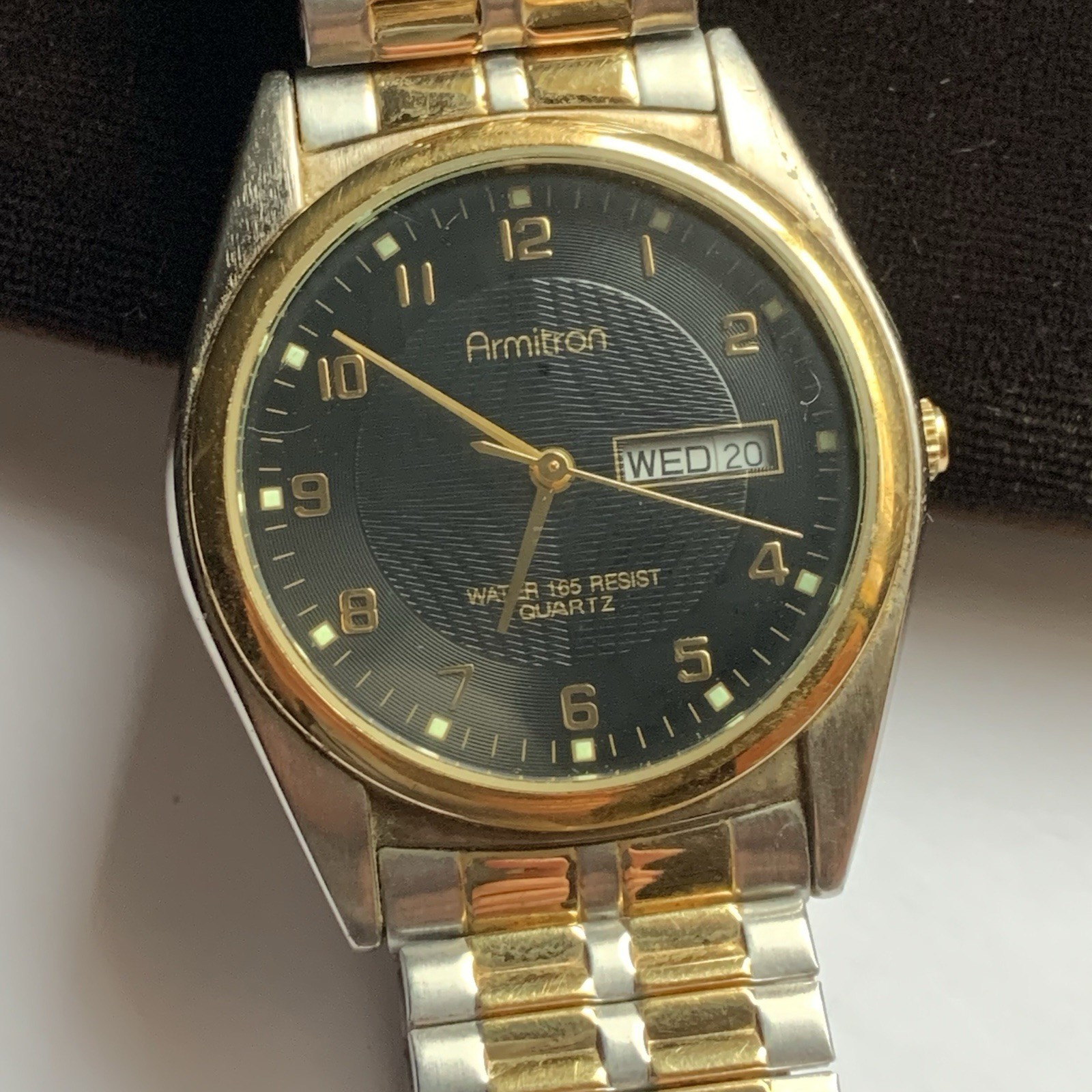 Armitron Watch Mens 36mm Two Tone Day Date Silver Gold w Black Dial 7.25in