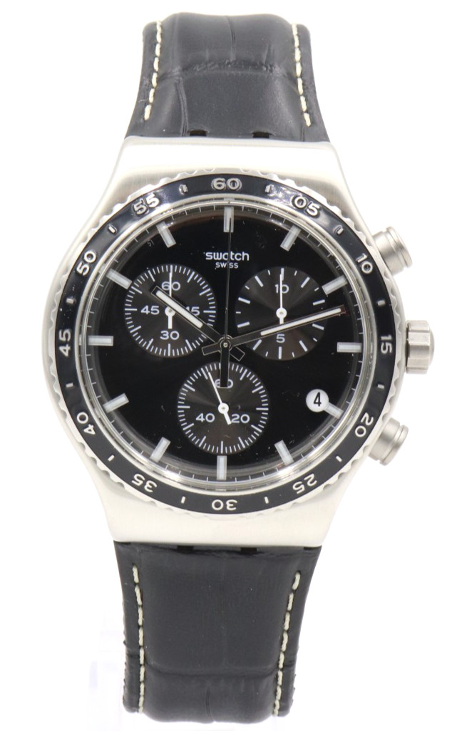 New Swiss Swatch IRONY AT NIGHT Chrono Black Leather Date Watch 34mm YVS495 $200