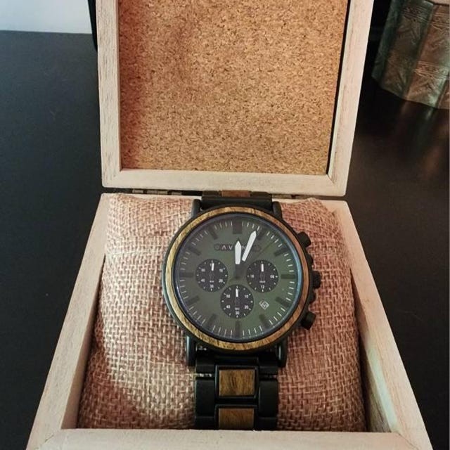 Engraved Wood Watch; Explorer S – 44mm (Green Sandalwood & Black Steel), Mens