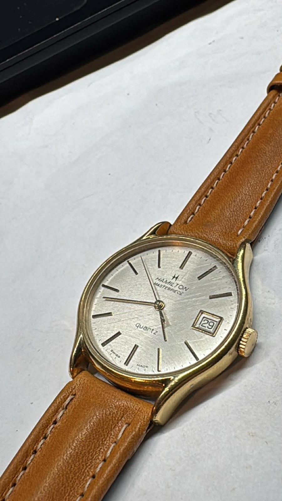 Hamilton Masterpiece Quartz Men’s Vintage Watch GoldTone Silver Dial Swiss (A100