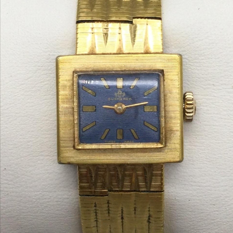 Vintage Bucherer Womens Watch 20mm Blue Rectangle Dial 10K GP Manual 5255-3 6.5″