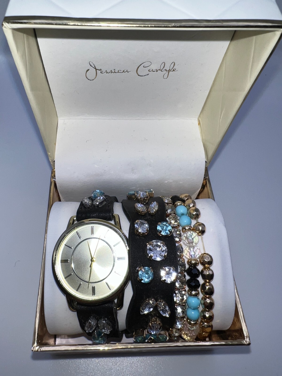 Jessica Carlyle Analog Black Jeweled Strap Watch 34mm with Matching Bracelets