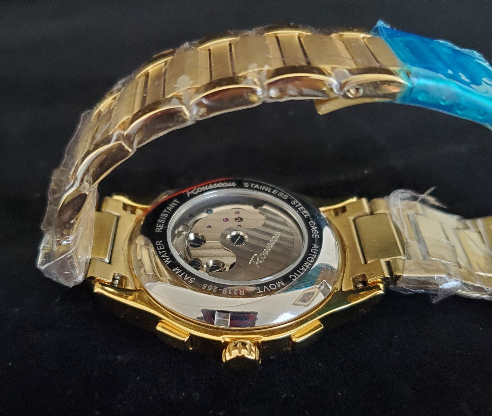 ROUSSEAU STAINLESS STEEL AUTOMATIC 35 JEWELS R219-255 DATE GOLDTONE WATCH