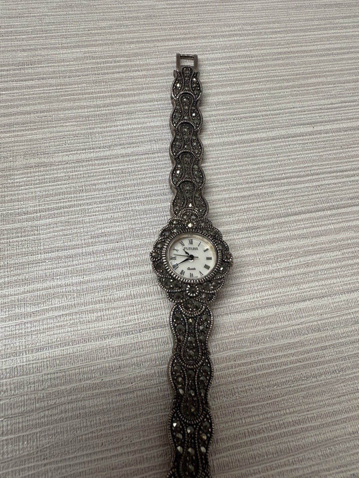 Futura Watch Women Silver Tone Marcasite Mother of Pearl Dial 7.5” Free Ship