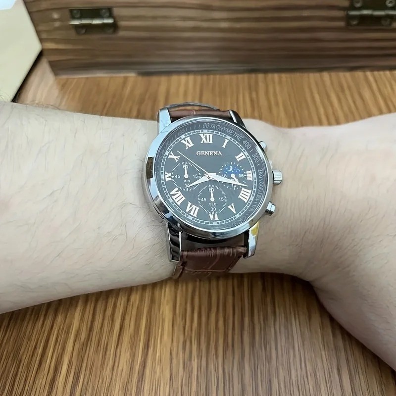 GENEVA Men’s Quartz Watch Round Dial Luminous Waterproof Business Sport Belt