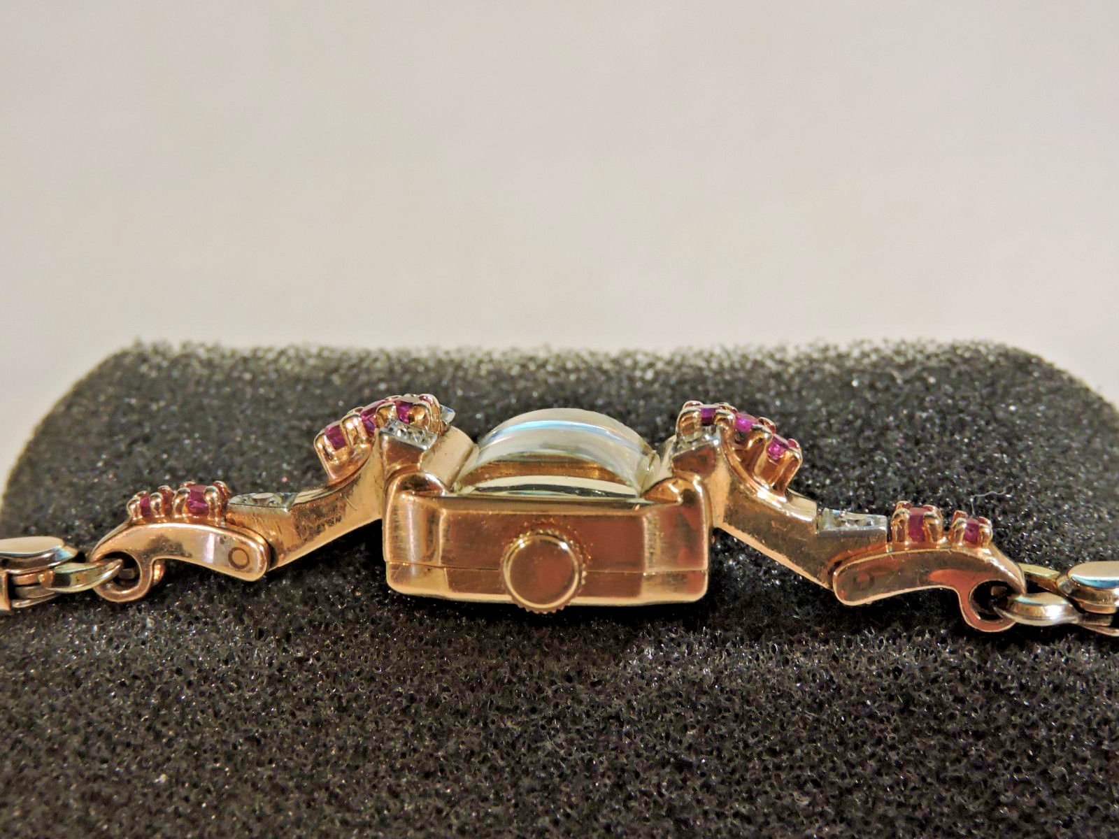 Art Deco Helbros 14k SOLID Rose Gold Watch Ruby & Diamond 1950’s, KEEPING TIME!