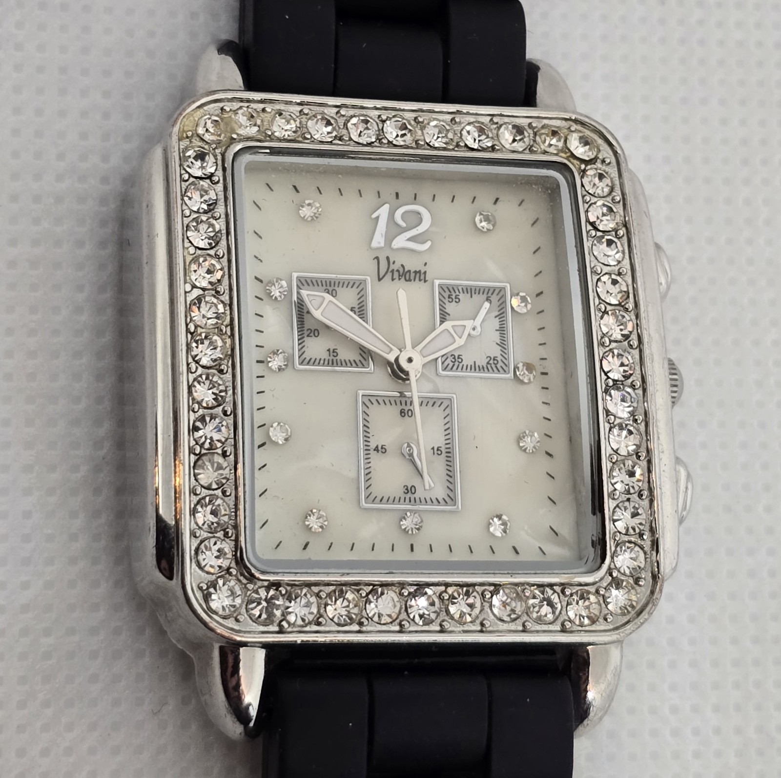 Women’s Vivani Rectangle Silver Tone Rhinestones Black Silicone Strap Watch 12
