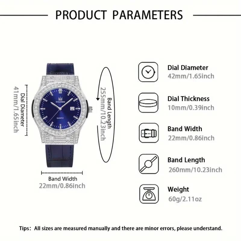 Men Iced Hip Hop Silver Plated Blue Leather Band Simulated Diamond Urban Watch