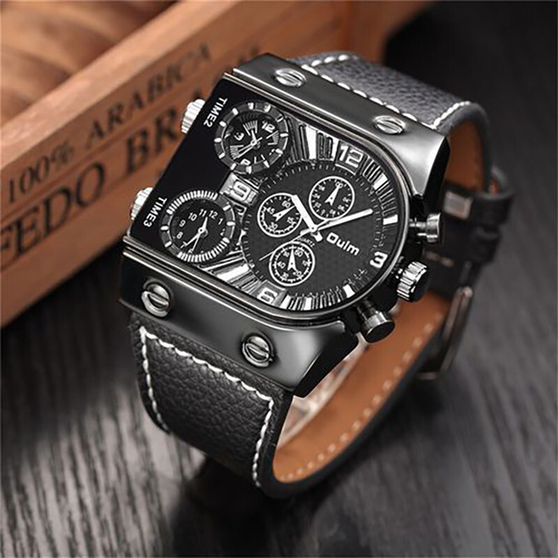 Oulm Mens Quartz Watches Leather/Steel Strap Sports Multi-Time Zones Wristwatch