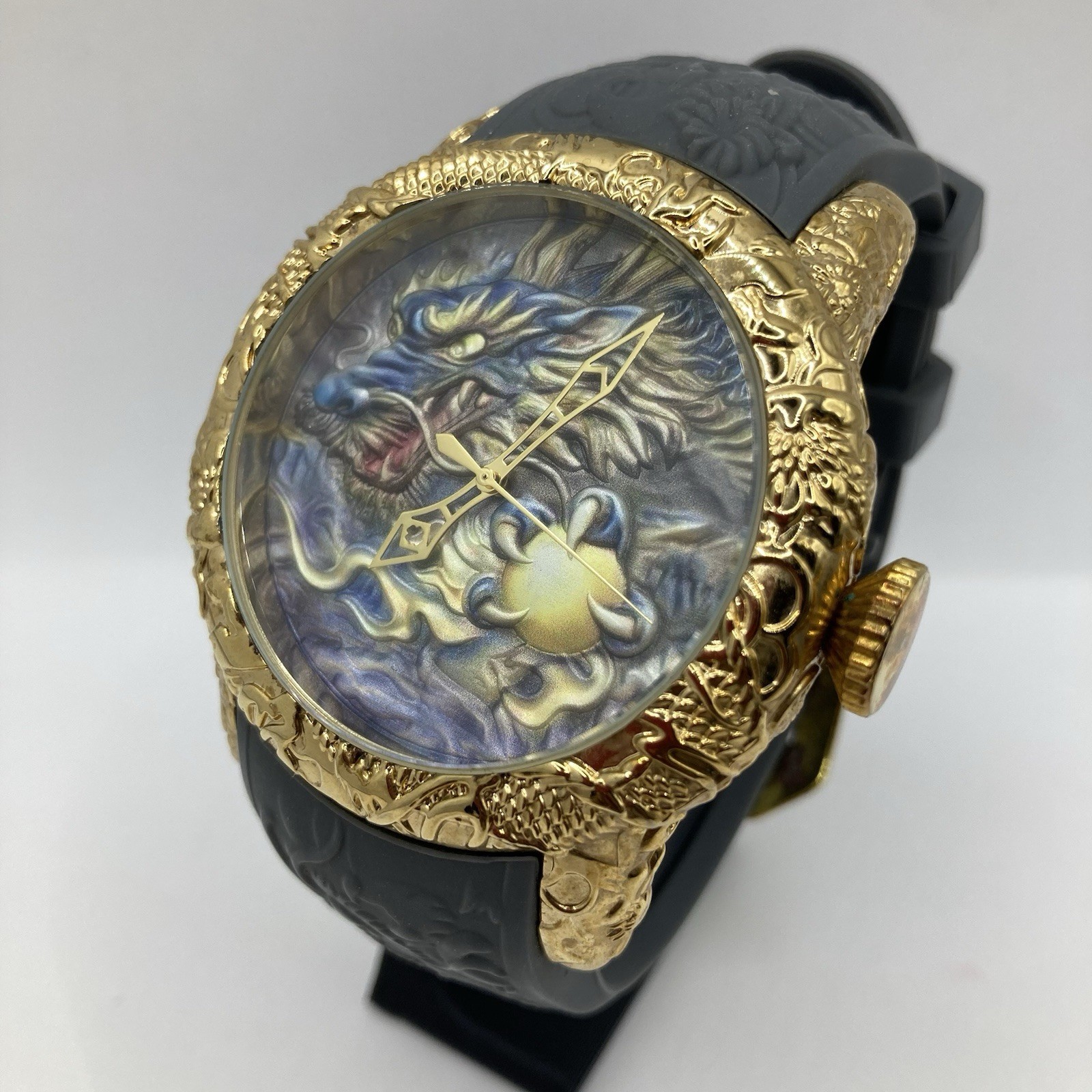 Men’s Engraved Gold Tone Japanese Dragon 48mm Watch Silicone Band New Battery