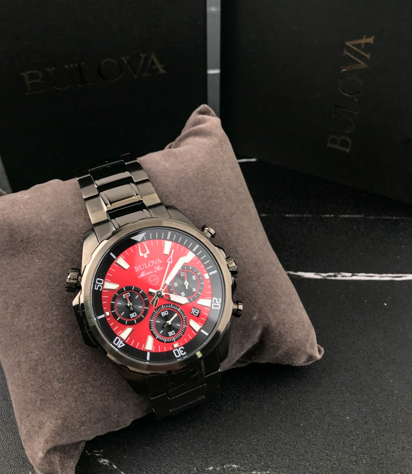 Bulova 98B350 Red Dial 43mm Chronograph Quartz Stainless Steel Men’s Wristwatch