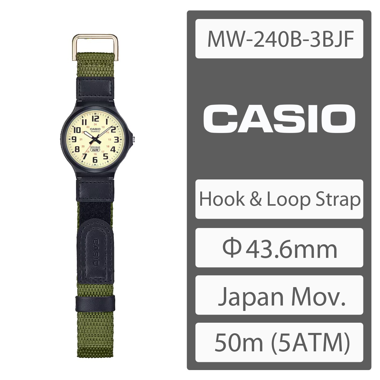 CASIO MW-240B-3BJF Hook and Loop Closure Strap Big Face 50m WR Field Watch
