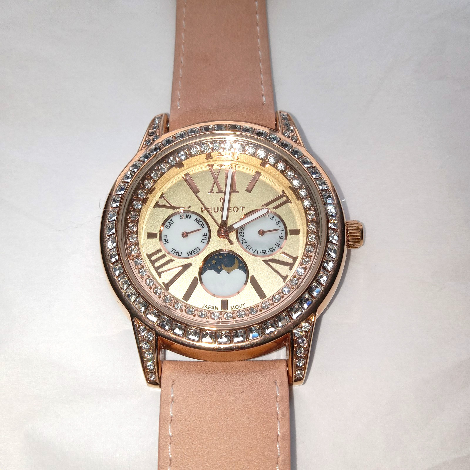 PEUGEOT 3031 Moon Phase Date Pink Rhinestone Ladies Women’s Watch Japan Movement