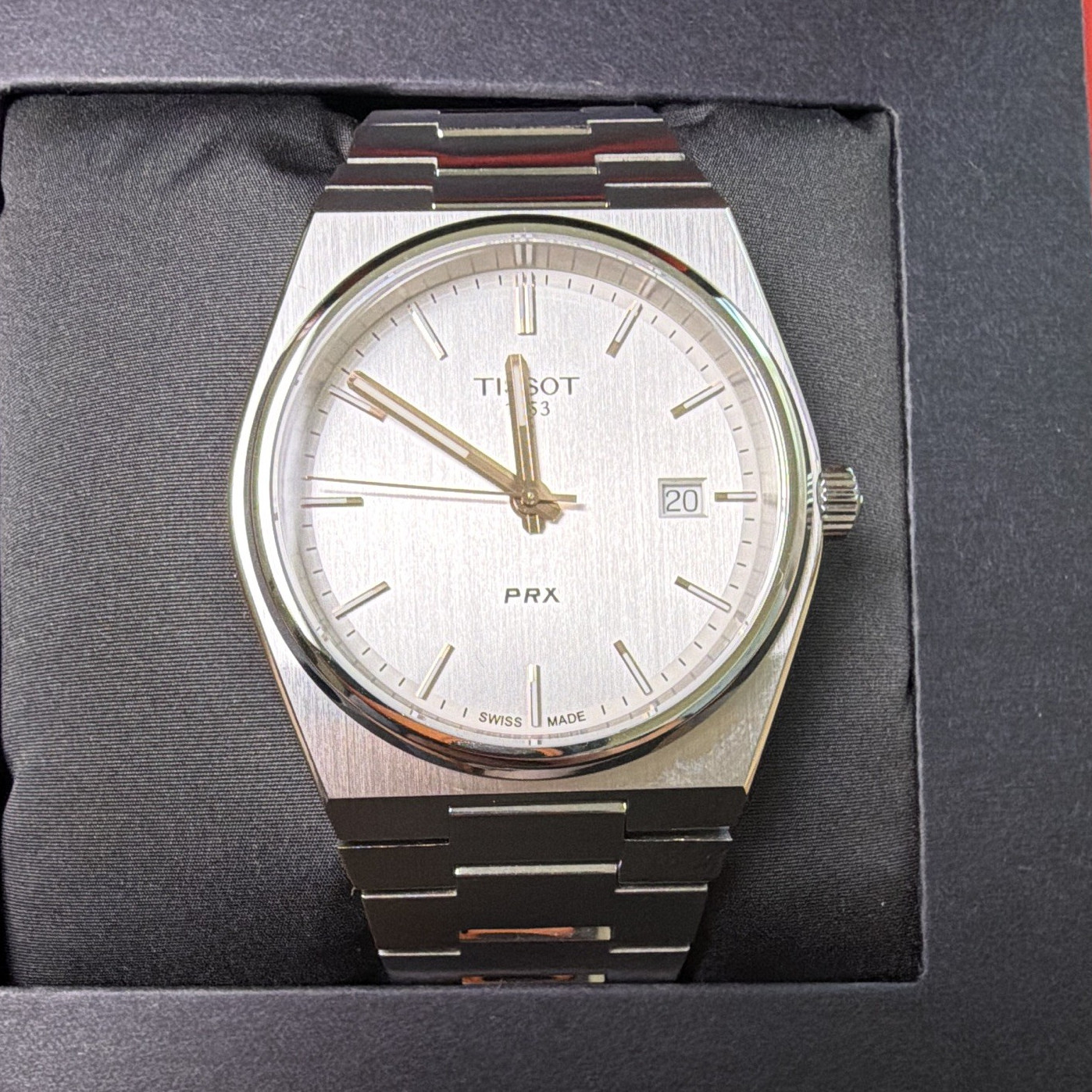 Tissot PRX Quartz Silver Sunburst Dial 35mm Date Steel Bracelet 100m w/ Box