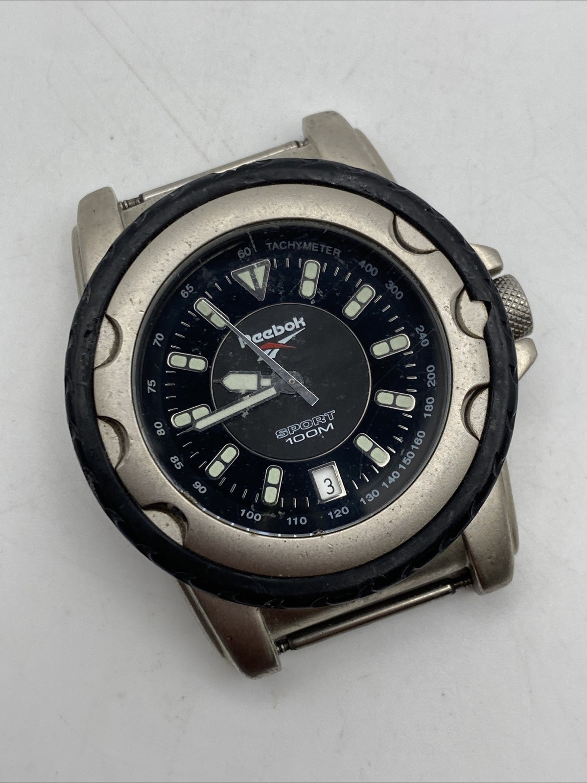 Reebok Mens Watch 40mm Silver Tone Black Bezel Sport Leather New Battery