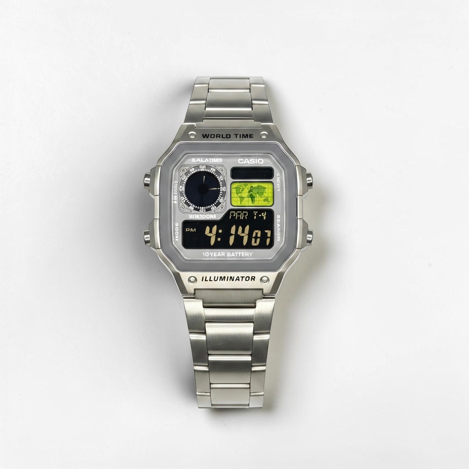 Silver CASIO AE-1200WHD. Royale Watch Mod. Negative Display. Green World Map