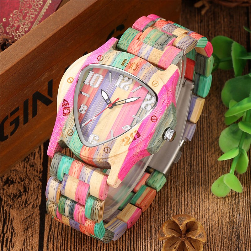 Casual Men’s Wooden Quartz Wrist Watch Triangle Shape Adjustable Bracelet reloj