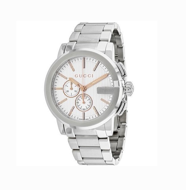 GUCCI G-CHRONO MENS $1820 SILVER ROSE GOLD ACCENTS CHRONOGRAPH WATCH YA101201