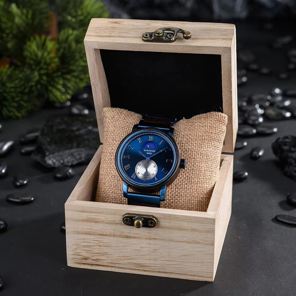 BOBO BIRD 44mm Wood Stainless Steel Engravable Mens Watch Roman Numeral Gift Box