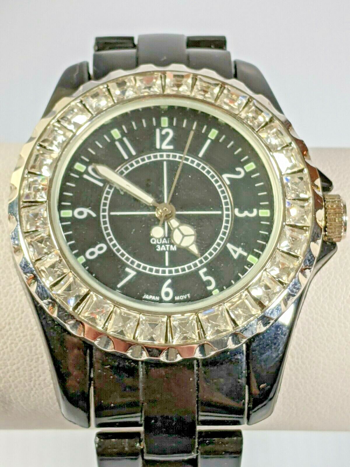 Silver Tone Crystal Peace Sign Black Plastic Band Watch 8.5 Inch