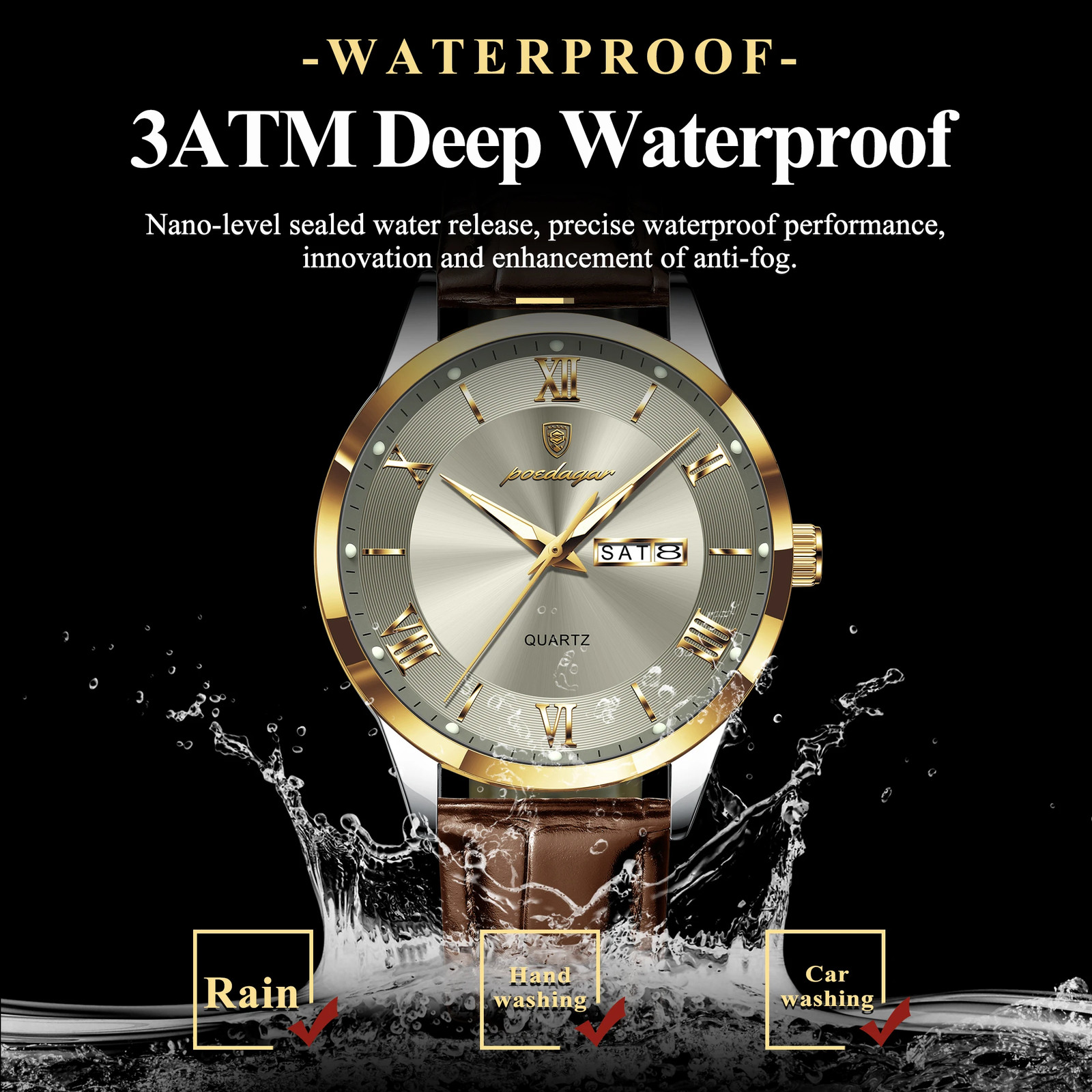 Men’s Leather Quartz Watch Waterproof Luminous Date Week Business Original