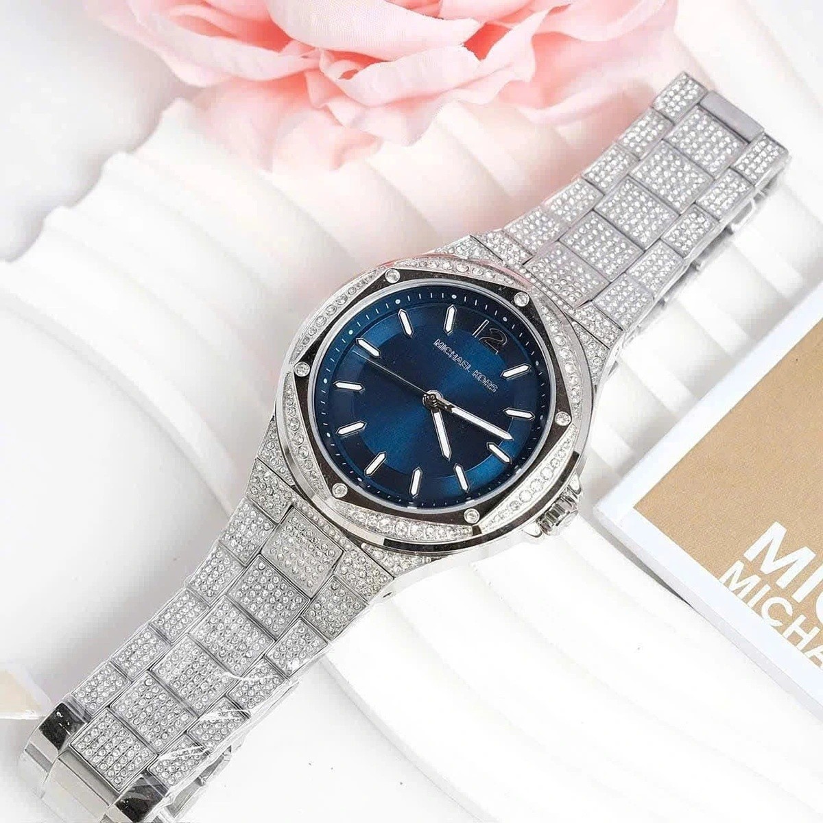 MICHAEL KORS LENNOX MK6990 SILVER TONE PAVE BRACELET DARKBLUE DIAL UNISEX 43MM
