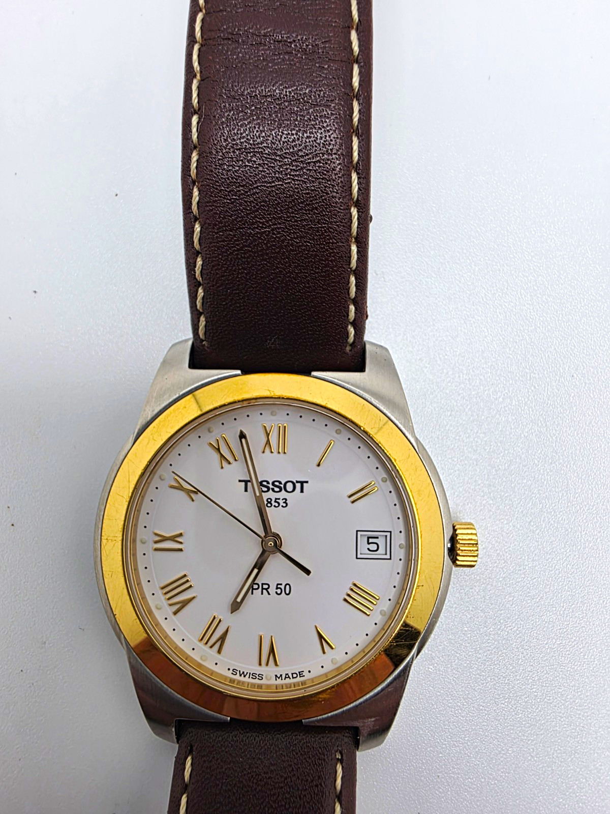 Tissot PR 50 Swiss Made Quartz Date Two-Tone White Dial Brown Leather 50m