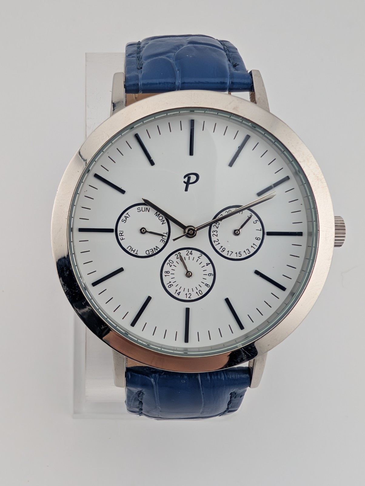 Packs Project Watch Men 44mm Silver Case Blue Leather Band- New Battery