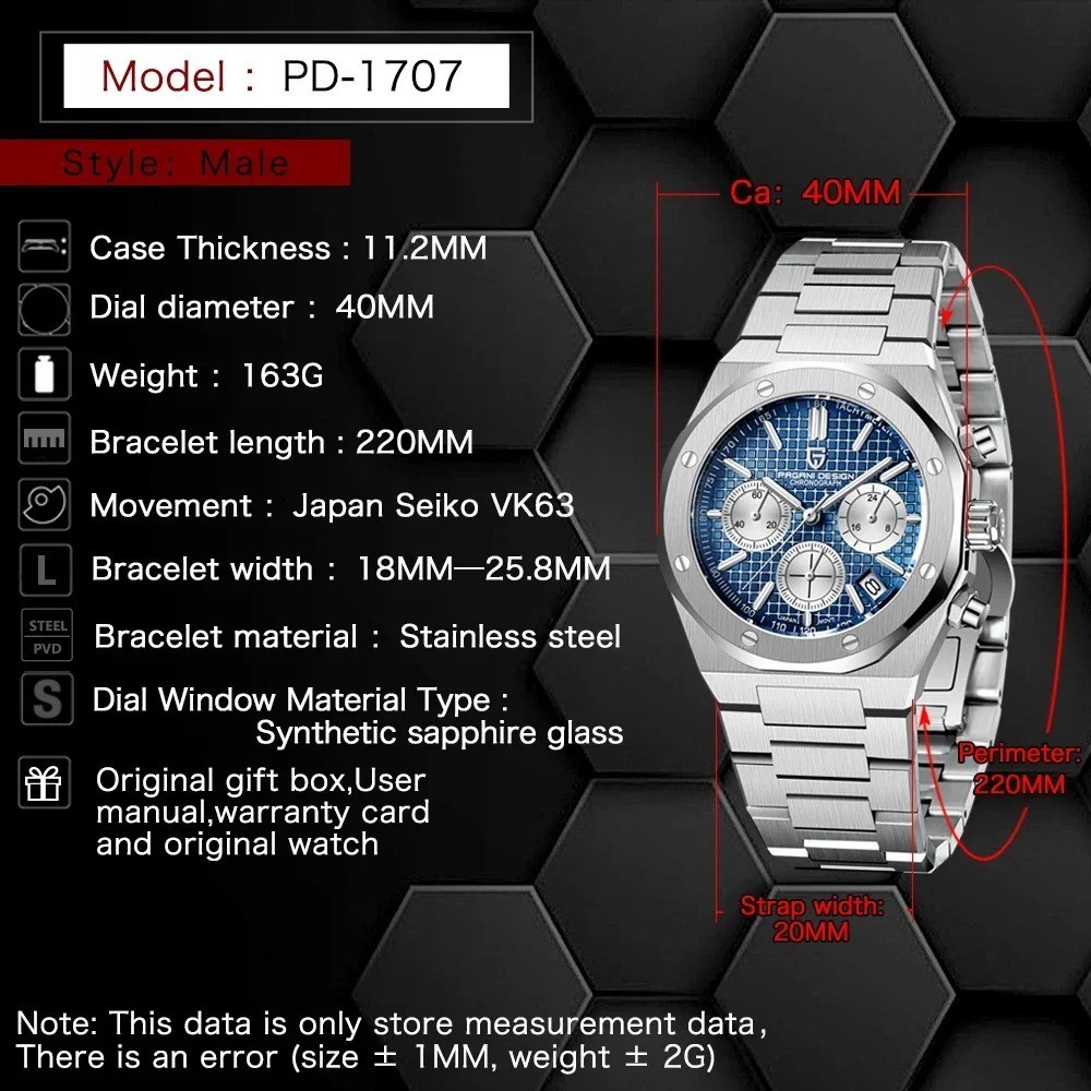 PAGANI DESIGN PD-1707 2026 Quartz VK63 Sapphire Crystal Stainless Steel Watch