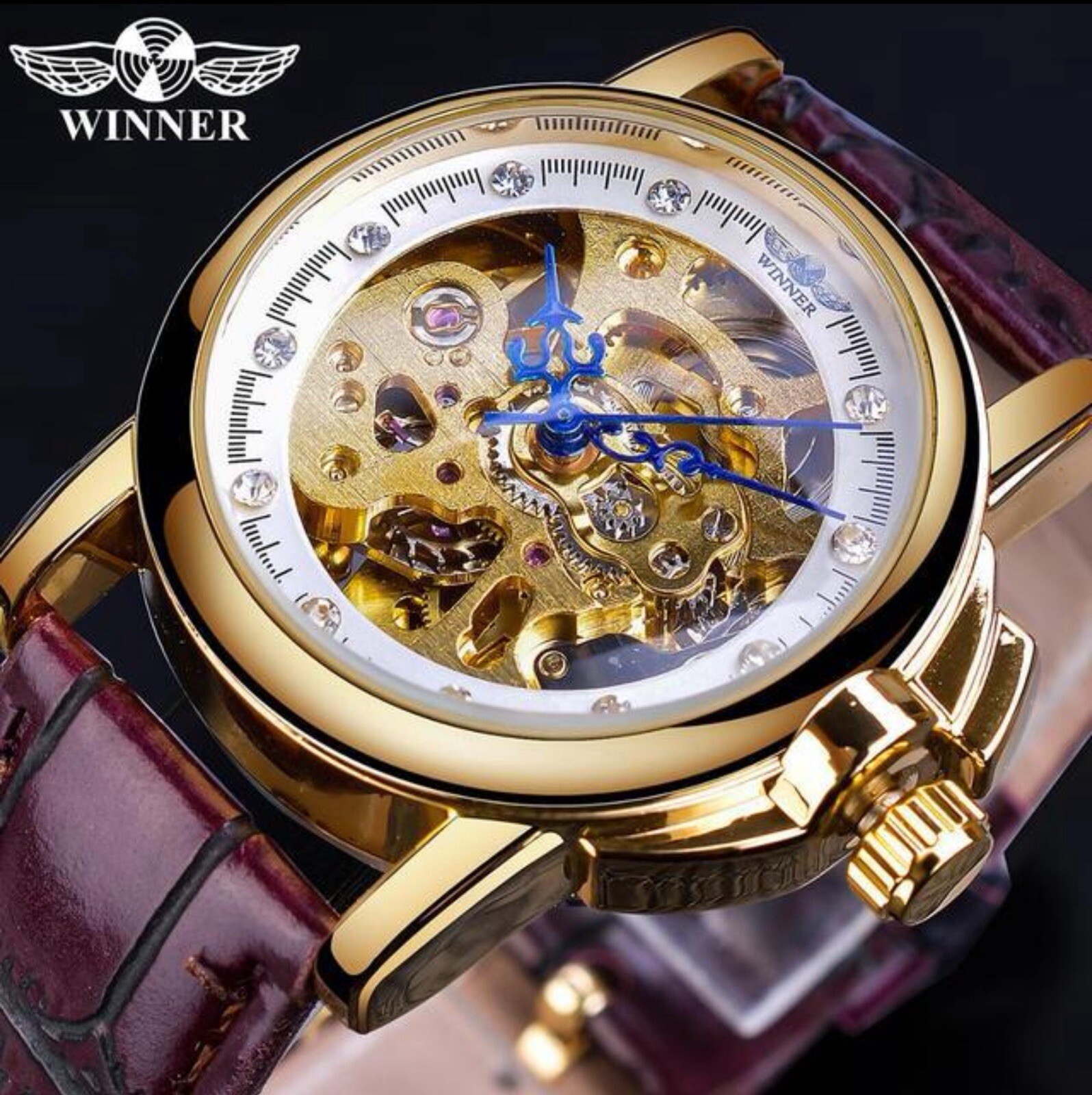 Womens Automatic Transparent Skeleton Luxury Leather Band Ladies Watch Gift Idea