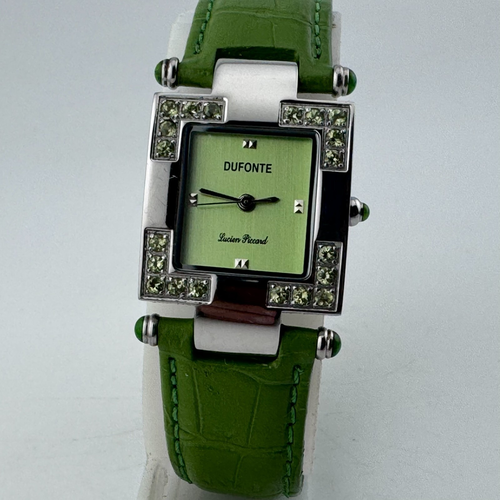 Dufonte Lucien Piccard Quartz Watch Women Silver Green Square Leather New Batter
