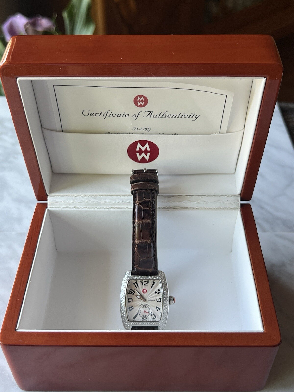 Michele Authentic Mini Urban Diamond Watch w/Brown Alligator Leather Strap
