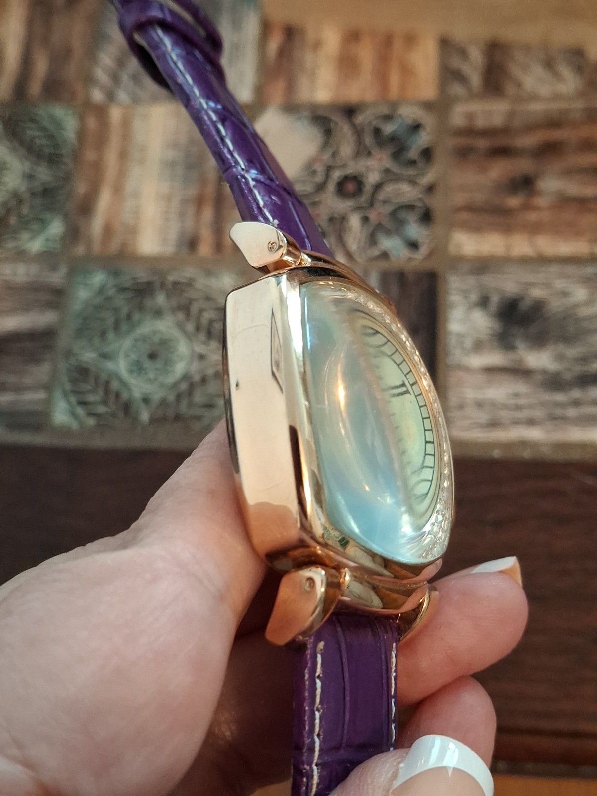 Gossip Womans 42mm Rhinestone Embossed Rose Gold Watch With Purple Leather Band.