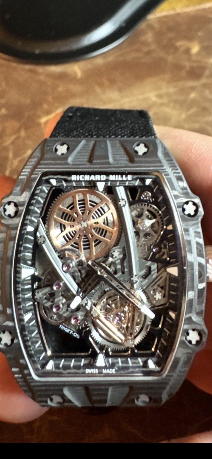 RM27-05 Skeleton Dial Black Carbon Fiber Tonneau Auto Watch. Ultra Thin