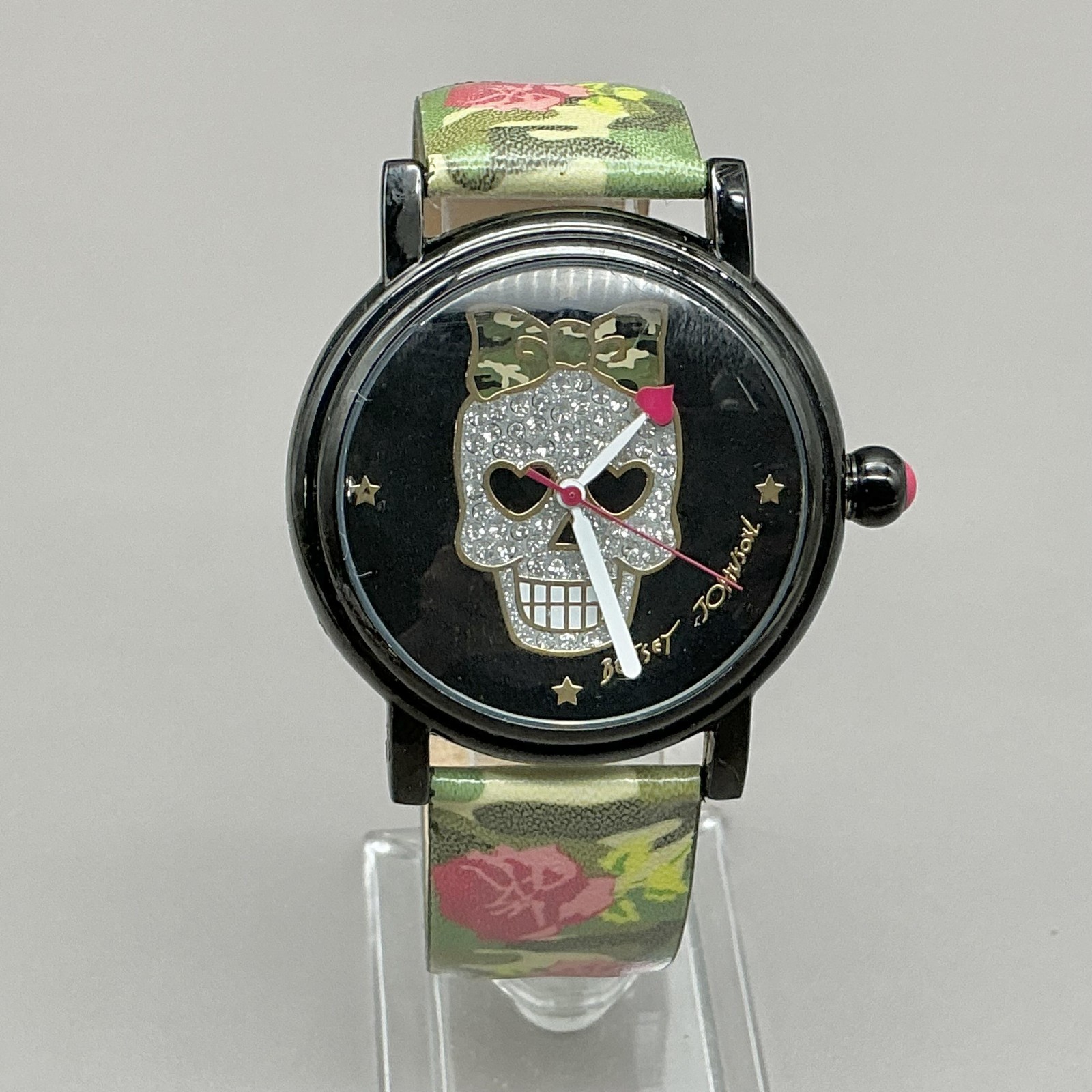 Betsey Johnson Womens Watch Black Skull Dial Floral Crystal Quartz BJ00181-29