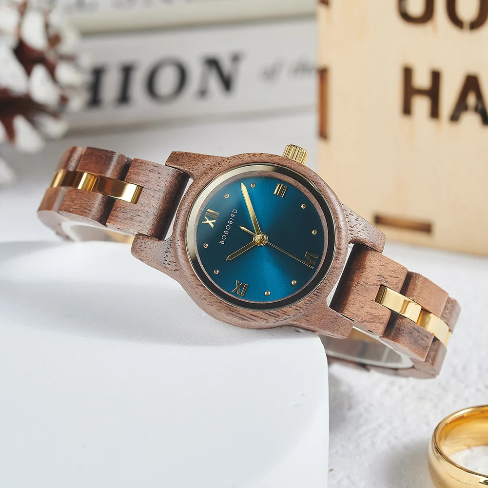 BOBO BIRD Wooden Watch Women’s Navy Blue Quartz Wristwatch Engraved Gift