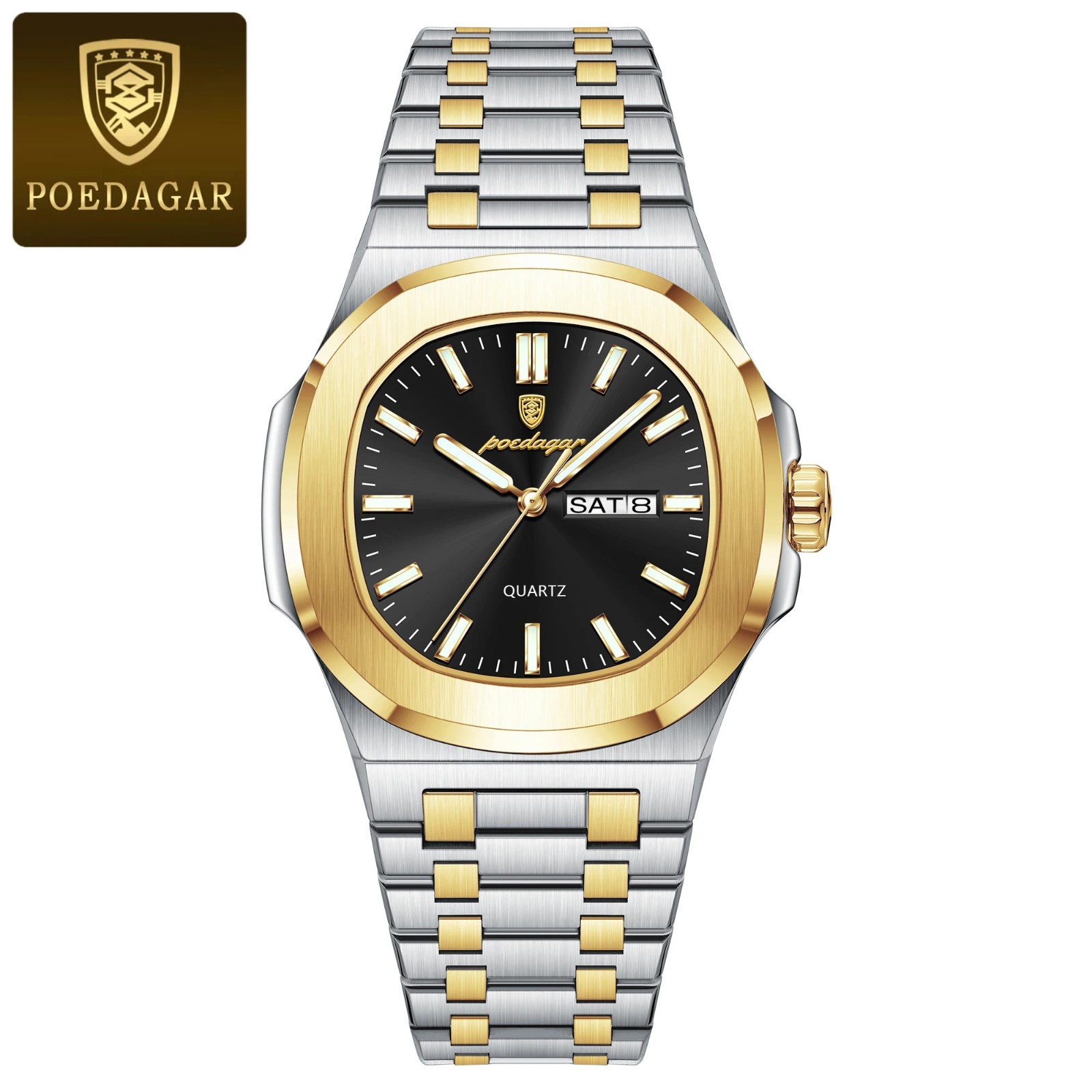 POEDAGAR Women’s Square Quartz Wristwatch Stainless Steel Luminous Week Date