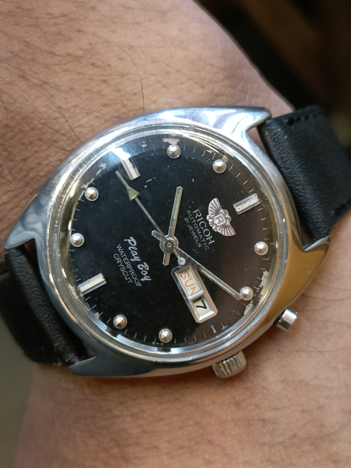 RICOH PLAYBOY 21J AUTOMATIC PATINA BLACK DIAL R61 JAPAN MEN’S WORKING CONDITION