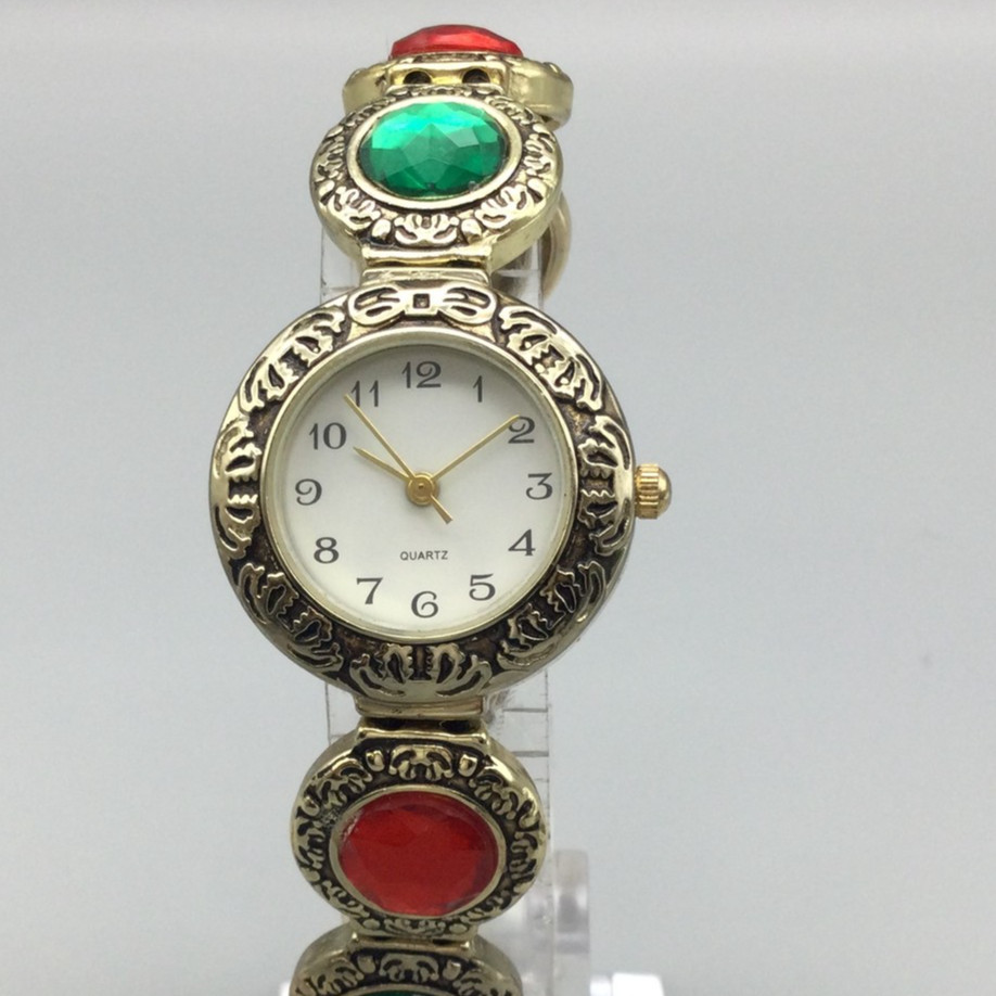 Vintage Red Green Cab Watch Womens 26mm Gold Tone Stretch Holiday New Batter