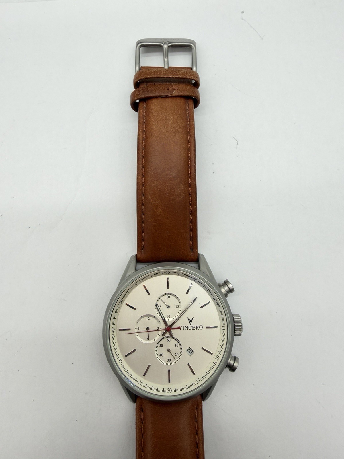 Vincero Chrono S Chronograph Quartz White Dial Brown Leather Strap New Battery