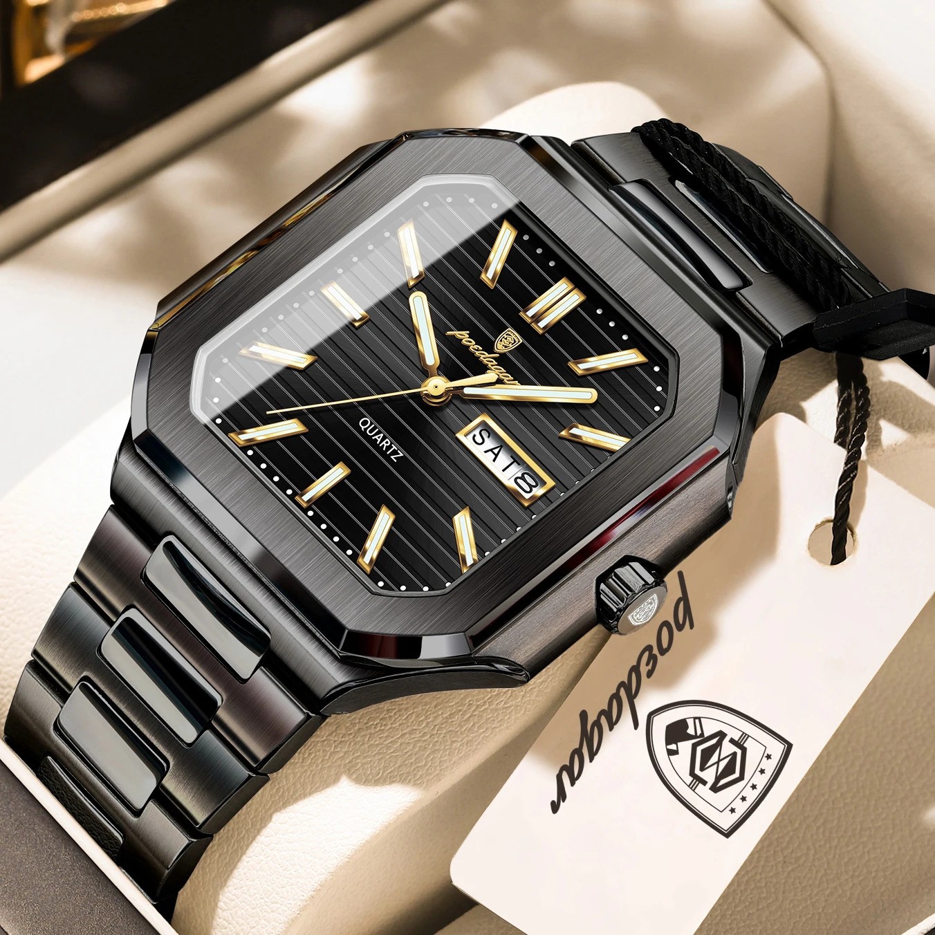 POEDAGAR Men’s Square Quartz Watch Stainless Steel Waterproof Luminous Day Date