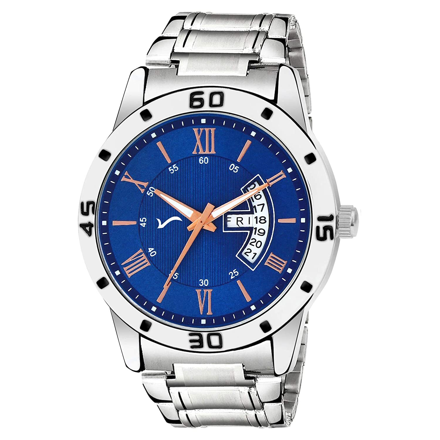 Wrist Watch Silver Strap Quartz Movement Stainless Steel Case Day Date Dial Men