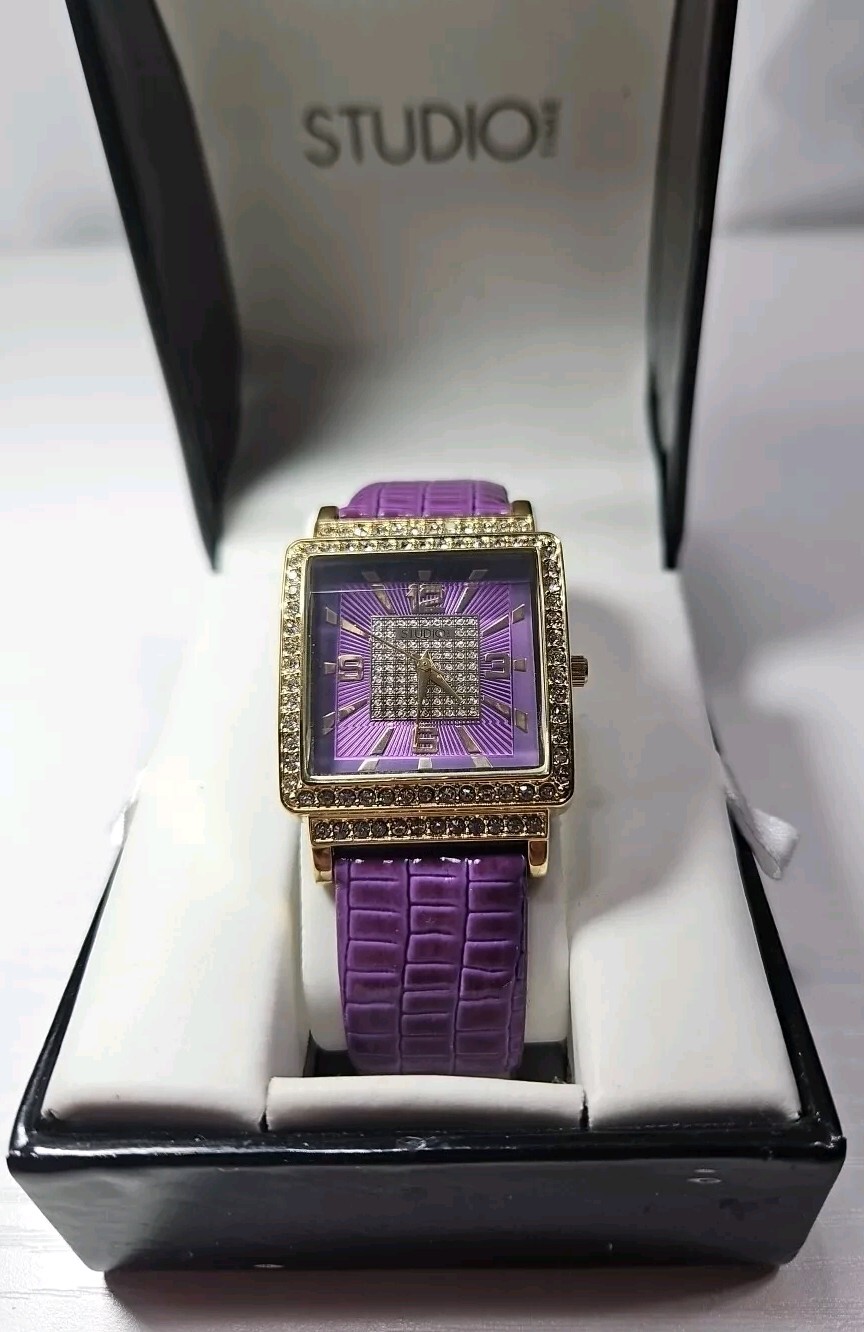 Studio Time Women’s Gold Tone Watch Jeweled Purple STD3188W 415 New Battery