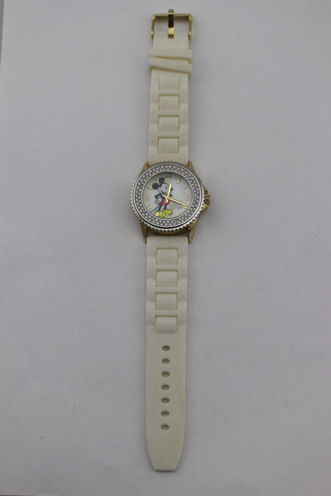 DISNEY Mickey Mouse MZB Ivory Off-White Rubber Band Rhinestone Crystal Watch