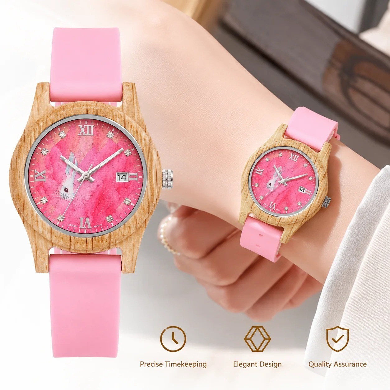 Women’s Pink Wooden Watch Luxury Fashion Wristwatch Gift for Girls Elegant Quart