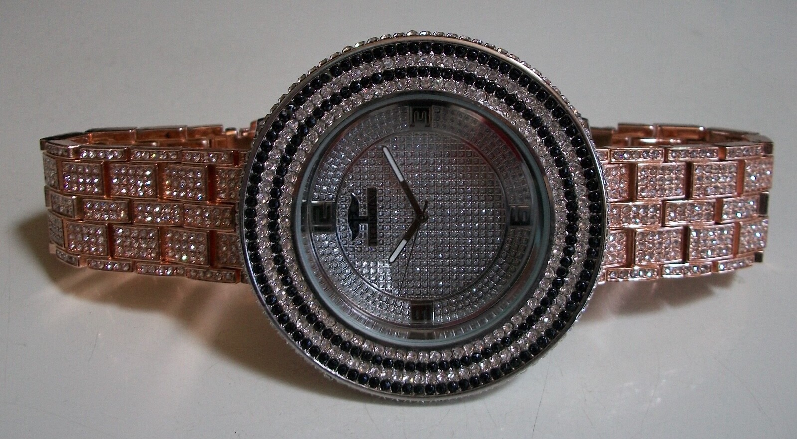 Men Rose Gold, Silver Finish Black, Clear Stone Fashion Dressy Hip Hop Watch