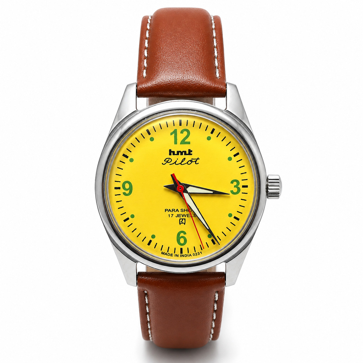 HMT Pilot Mechanical Watch Yellow Dial Green Numerals 17 Jewels Para Shock