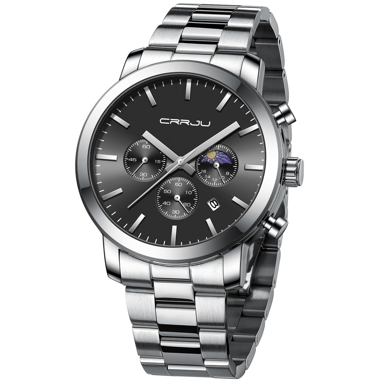 CRRJU Watches for Men Luxury Business Stainless Steel Waterproof Calendar Chr…