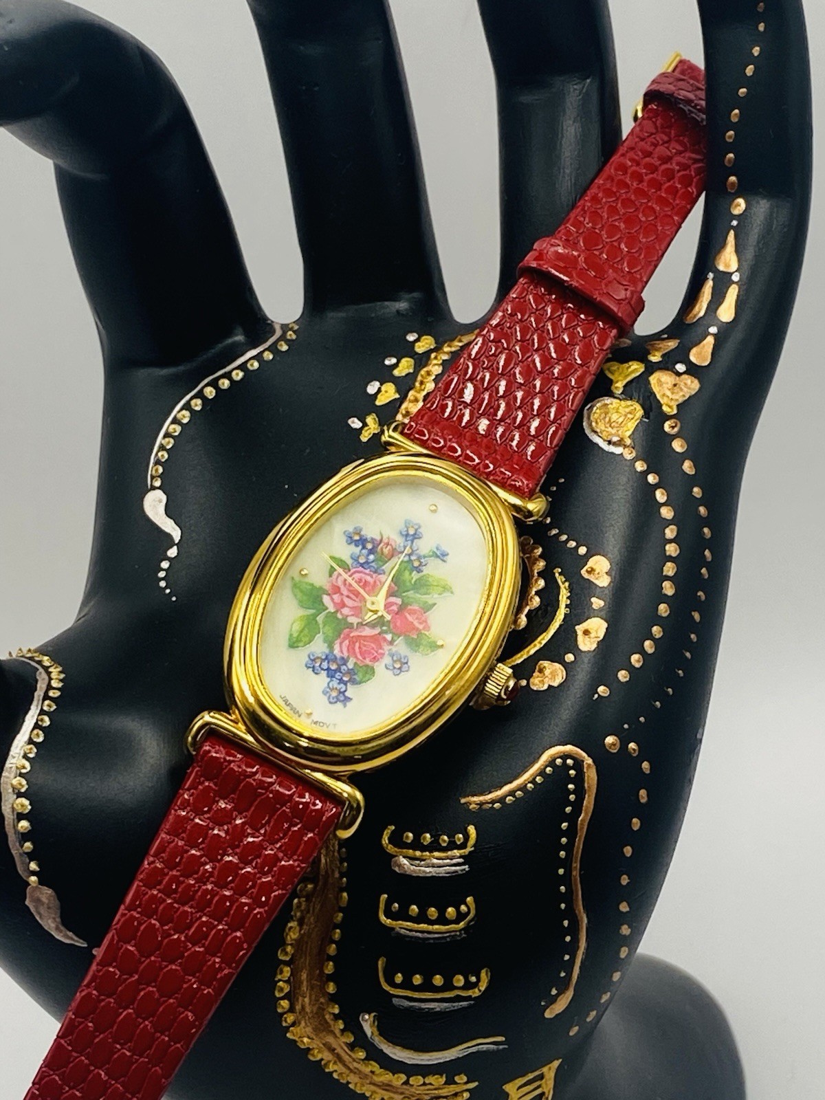 Vintage Avon 1993 Watch NOS Red Leather Floral Dial w/ Box